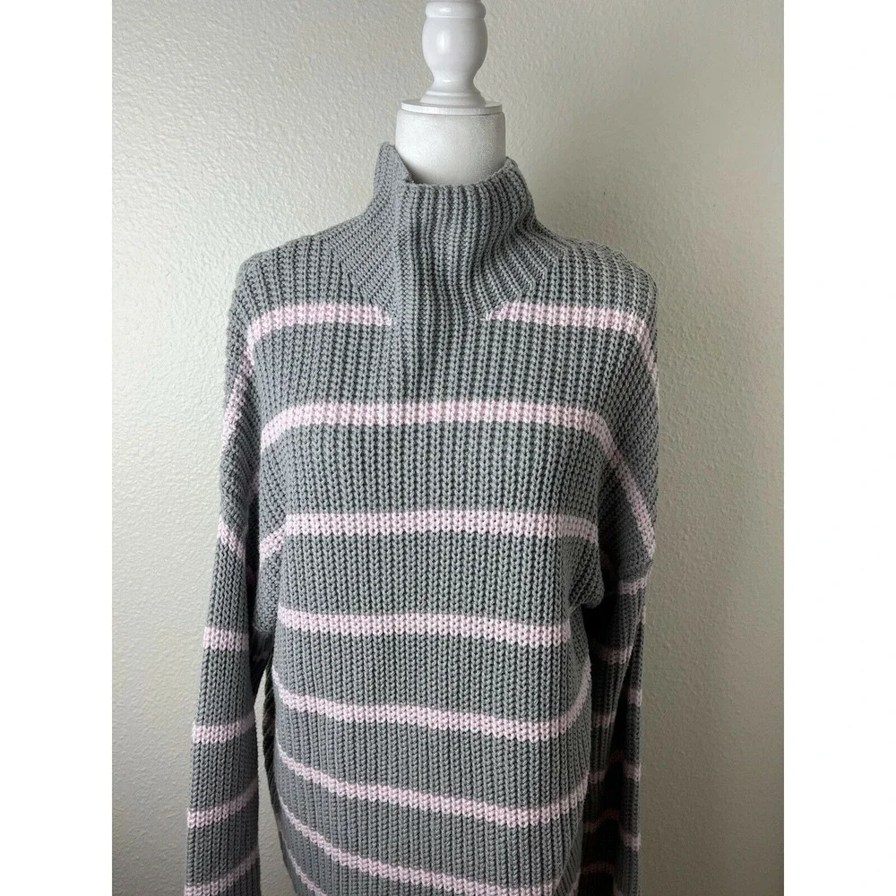 Caslon Women's Shaker Mock Neck Knit Yarn Sweater Pink Stripe‎ Large L